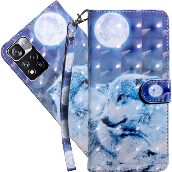 Wallet Case for Xiaomi Redmi Note 11 Pro, Colorful Painted Premium PU Leather Cute Flip Cover with Card Holder & Kickstand Phone Case for Xiaomi Redmi Note 11 Pro Wolf Under Moon