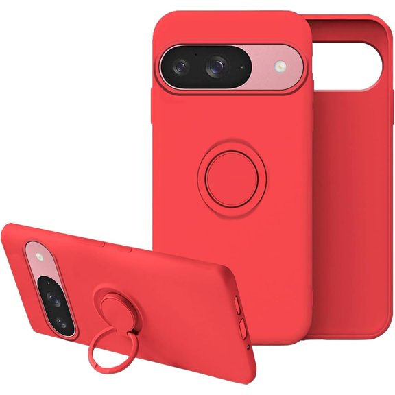 Compatible with Google Pixel 9 Case with Ring Kickstand Green, Google Pixel 9 Phone Case Silicone Liquid with Soft Microfiber Lining Slim Shockproof Protective Cover (Red)