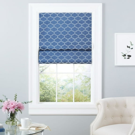 Exclusive Home Montague Trellis Total Blackout Roman Shade, 23"x64", Indigo