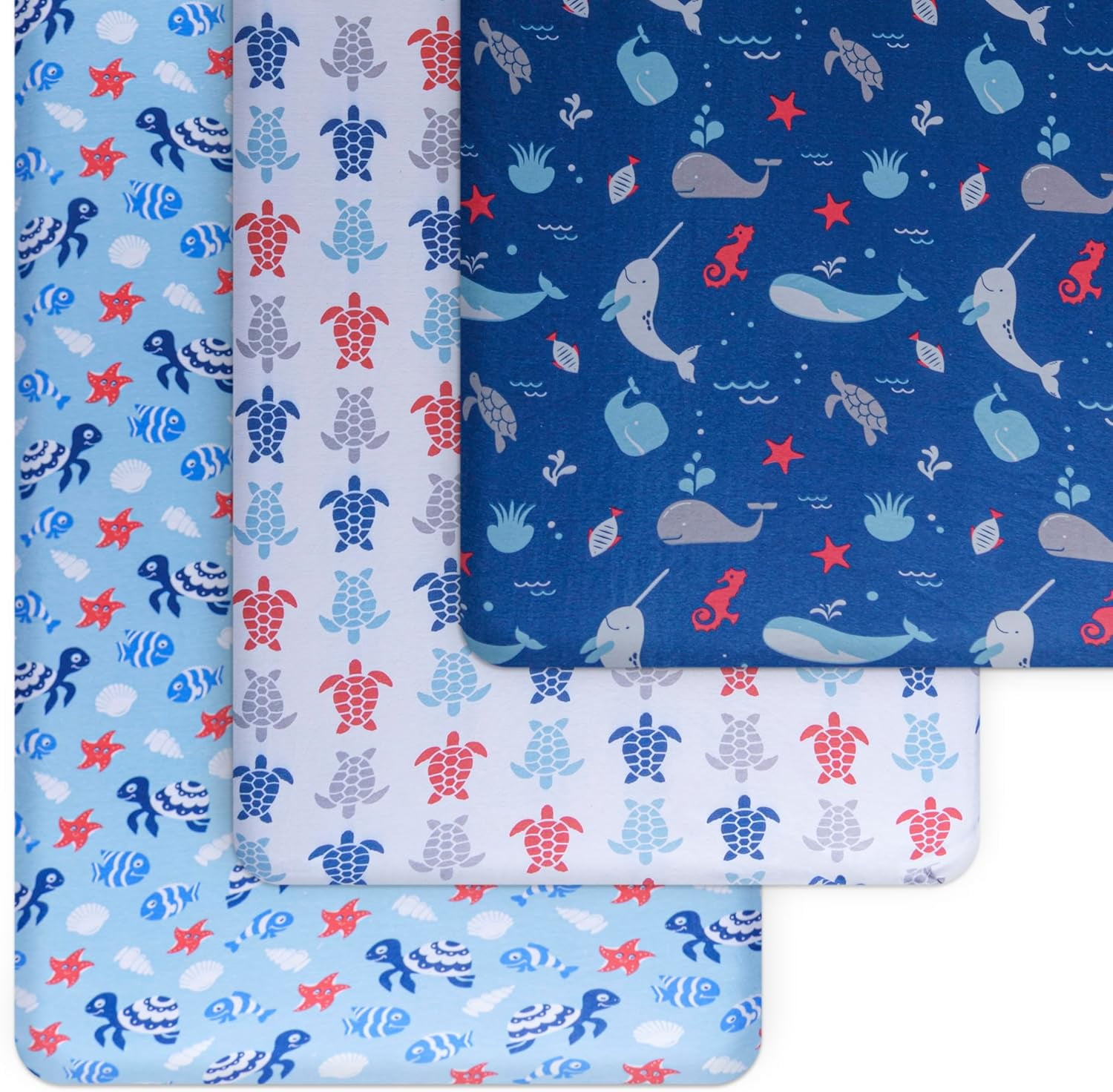 Fitted Crib Sheets 3 Pack by GROW WILD - Soft Jersey Cotton Toddler Sheet | Baby Crib Bedding Set for Boys | Crib Mattress Sheets and Boys Toddler Bed Sheets | Ocean Blue Crib Sheets Whale Turtle
