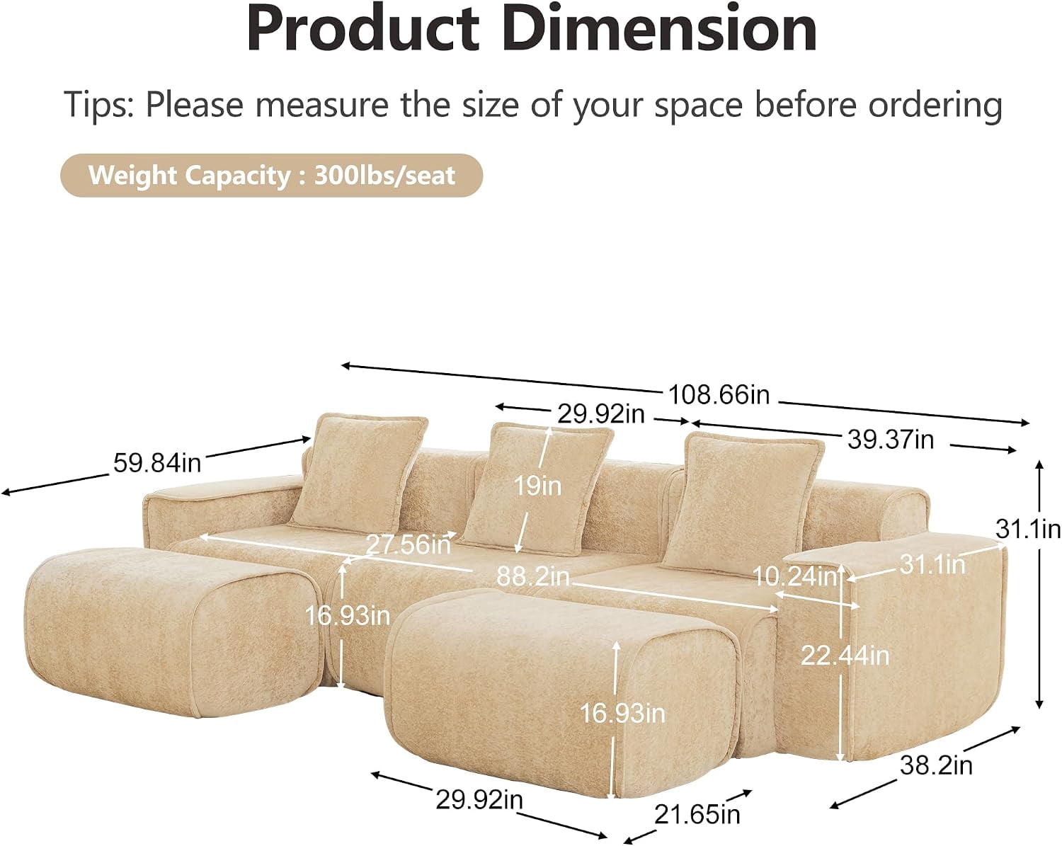 109" 3-Seat Modular U-Shaped Sectional Sofa, Light Camel Velvet with 2 Movable Ottomans & Throw Pillows, No Assembly Required