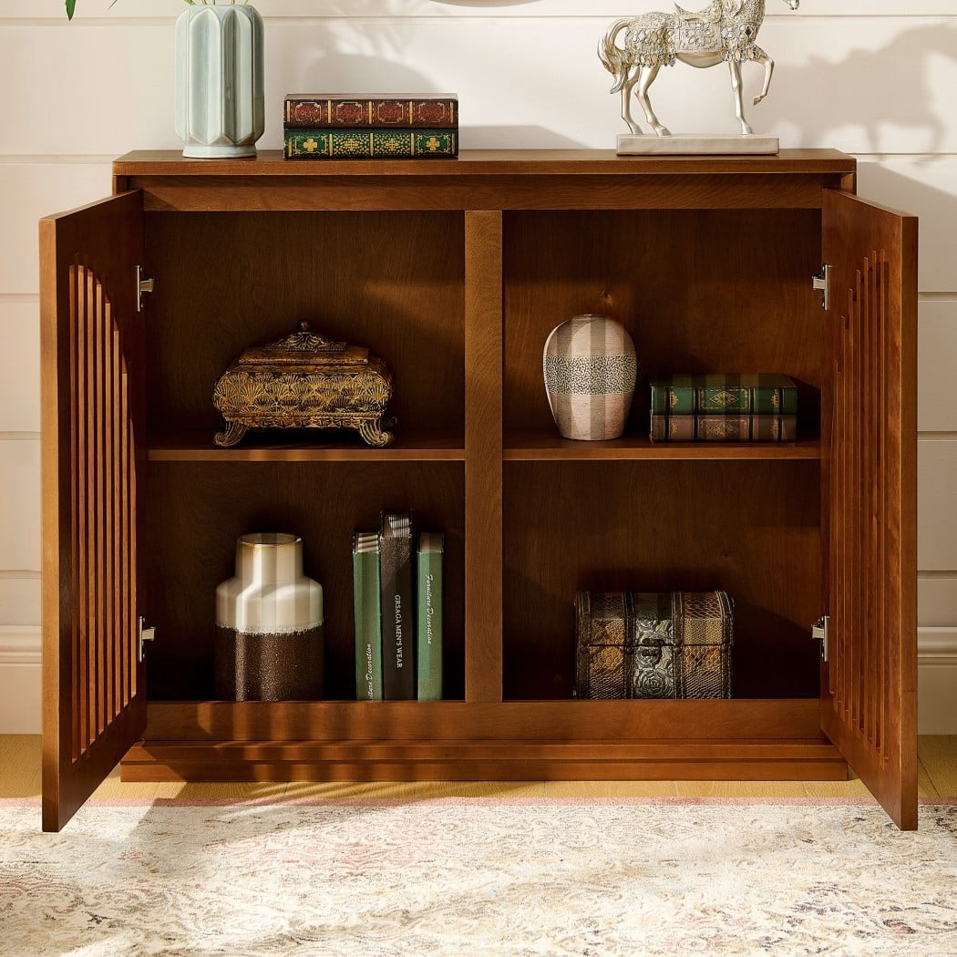 Mid Century Modern Fluted Sideboard Cabinet, Buffet Cabinet with 2 Outlet Holes, Storage Cabinet for Living Room, Entryway, Kitchen & Coffee Bar, Walnut