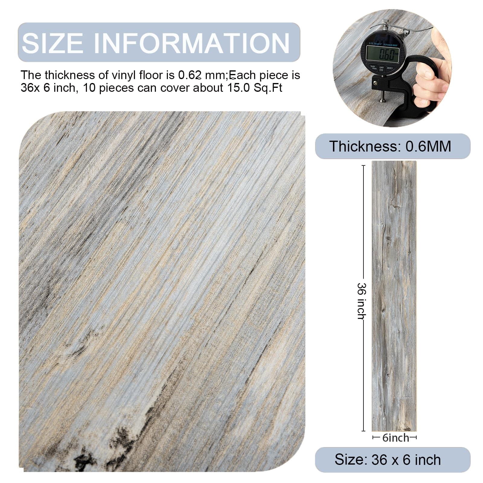 Peel And Stick Floor Tile  Vinyl Flooring Self Adhesive Durable 10-pack 15 Sq.ft Wood Look Tiles Waterproof For Transfer Bathroom Kitchen Rv Living Room