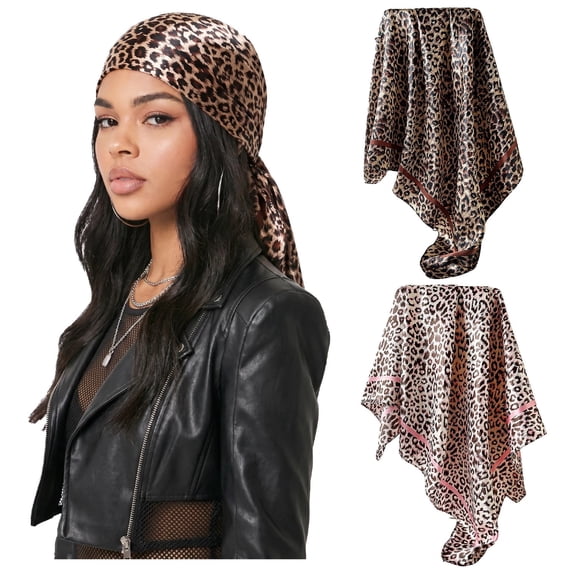 2 Pcs Women Large 35.5" Satin Hair Wrap, Leopard Pattern Bandana in Brown and Pink.