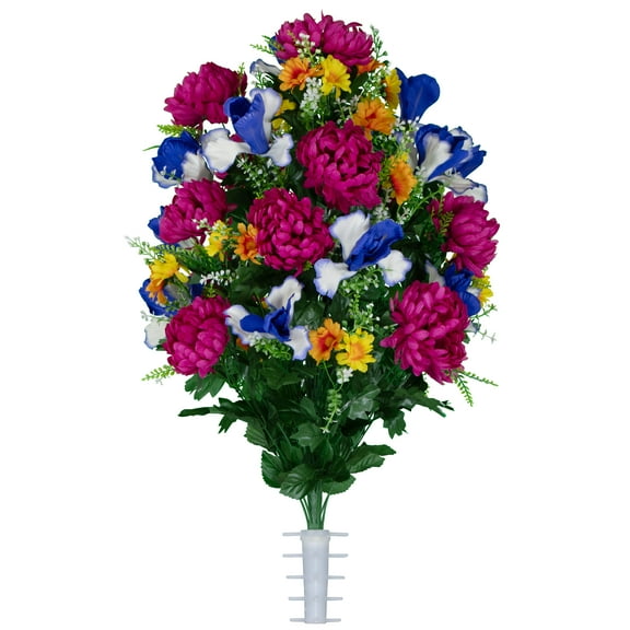 Sympathy Silks Artificial Cemetery Flowers Fuschia Mums with Blue Iris