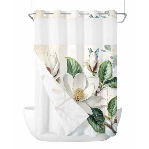 No Hook Cloth Fabric Shower Curtain with Snap in Liner, White Floral Waterproof Shower Curtains Set with See Through Top Window, Botanical Magnolia Flower Leaves Butterfly Bath Curtains 72"x84"