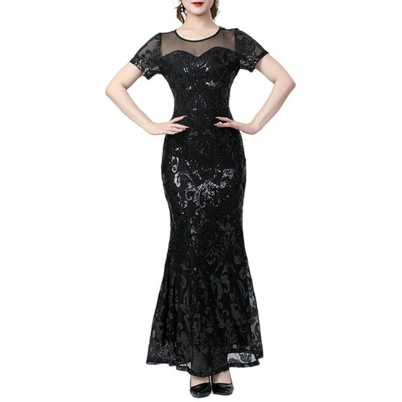 Huhudde Women's Shimmering Sequins Mesh Fishtail Evening Dress Short Sleeve Bodycon Ruffled Flared Gown For Formal Occasion