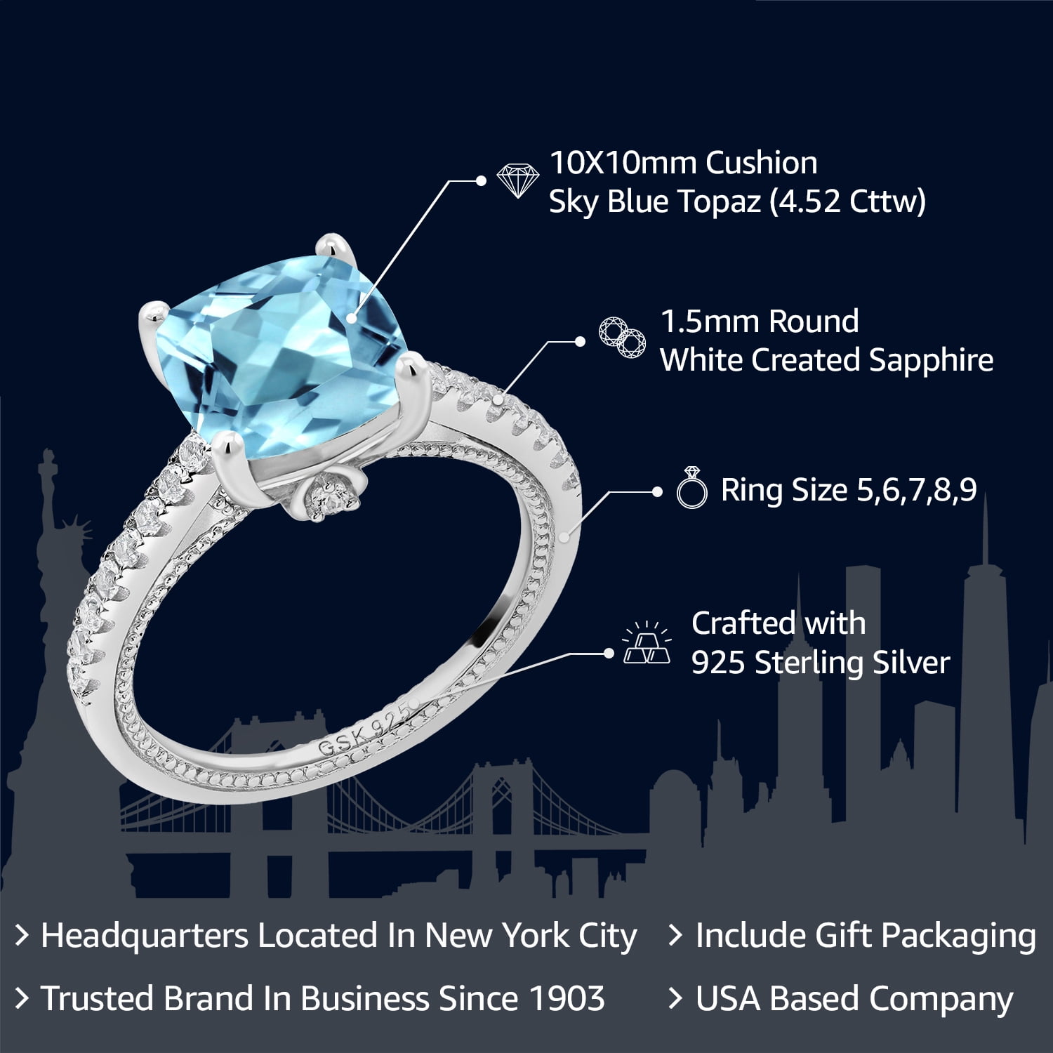 Gem Stone King 4.52 Cttw Sky Blue Topaz and White Created Sapphire Engagement Ring for Women | 925 Sterling Silver | Cushion 10MM | Wedding Engagement Anniversary Promise Ring for Women| Size 9