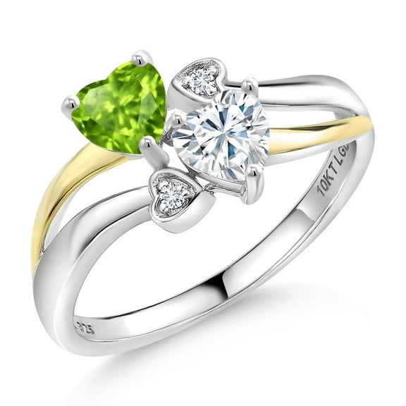 Gem Stone King 925 Silver and 10K Yellow Gold Green Peridot and White Moissanite and White Lab Grown Diamond Ring for Women (0.94 Cttw, August Birthstone, Heart Shape 5MM, Size 6)