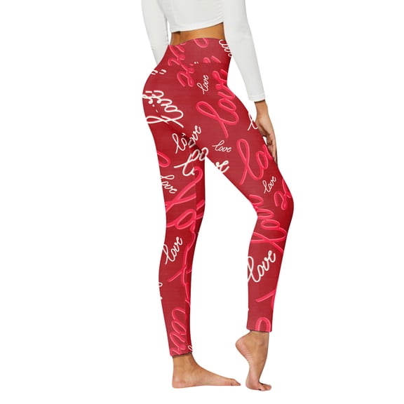 Womens Casual Pants with Heart Print Sports Leggings for Valentine's Day Slimming High Waist Stretch Tight Yoga Trousers A-Red1 L