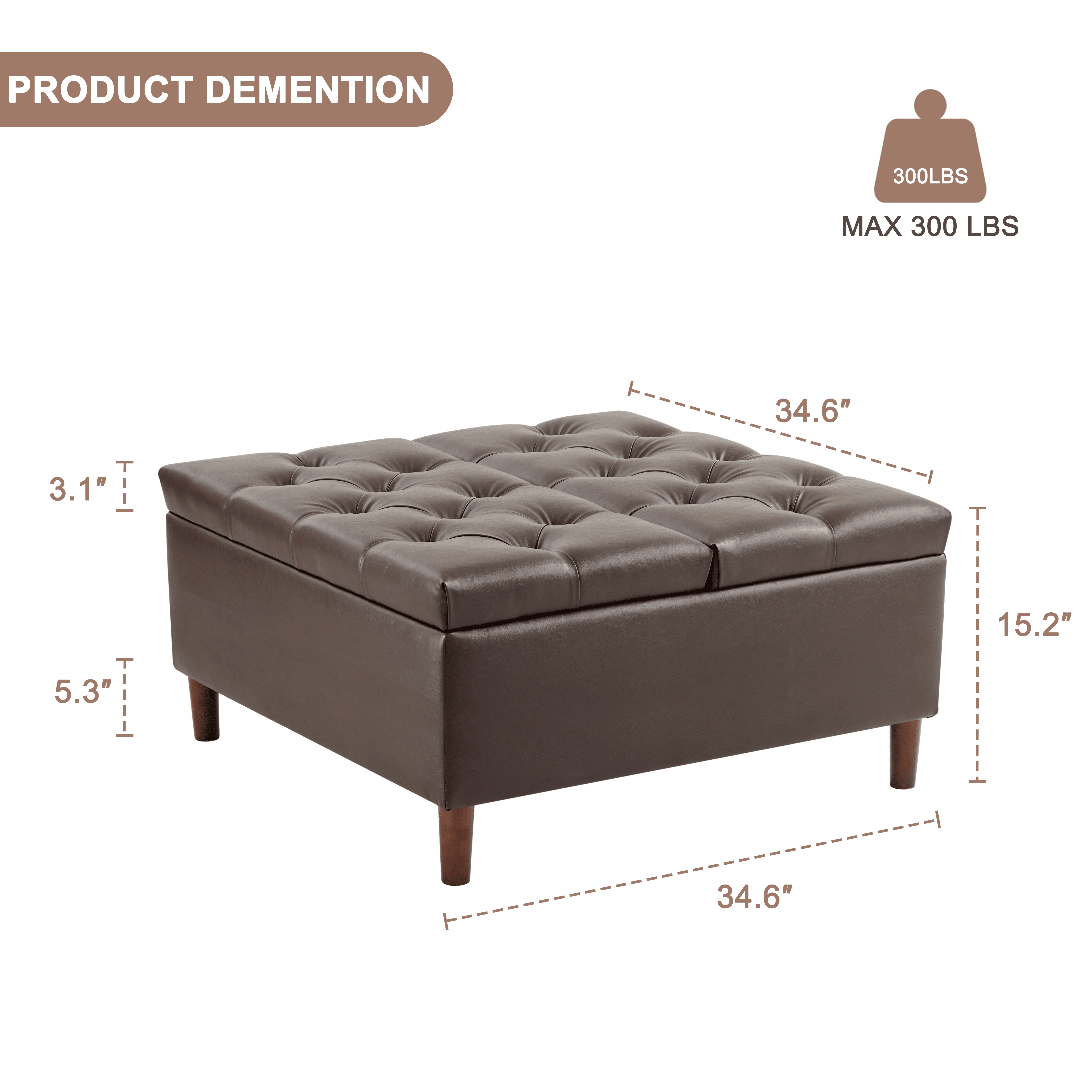 Weture Leather Oversized Square Storage Ottoman, Tufted Upholstered, No Assembly Required, 35 Inch, Brown