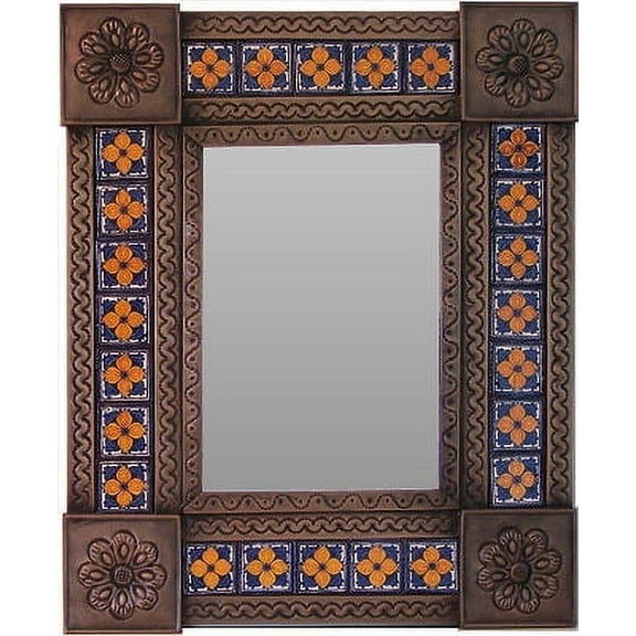 Small Brown Orange Flower Tile Talavera Tin Mirror