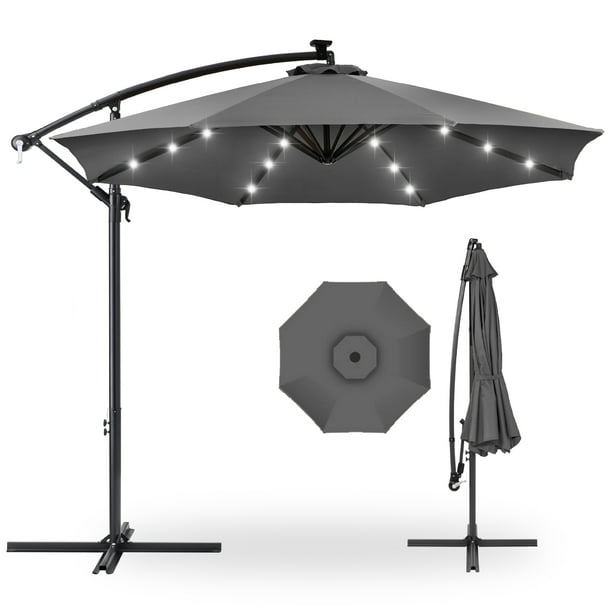 Best Choice Products 10ft Solar LED Offset Hanging Outdoor Market Patio Umbrella w/ Easy Tilt Adjustment - Gray -