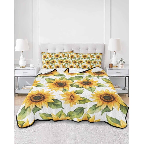 Quilts Queen Size, Sunflower Soft Comforter Bedding Set for Bed, Watercolor Summer Botanical Yellow Lightweight Quilted Bedspread with Pillow Cover(2 Pieces) for All Season, 90x96 Inch