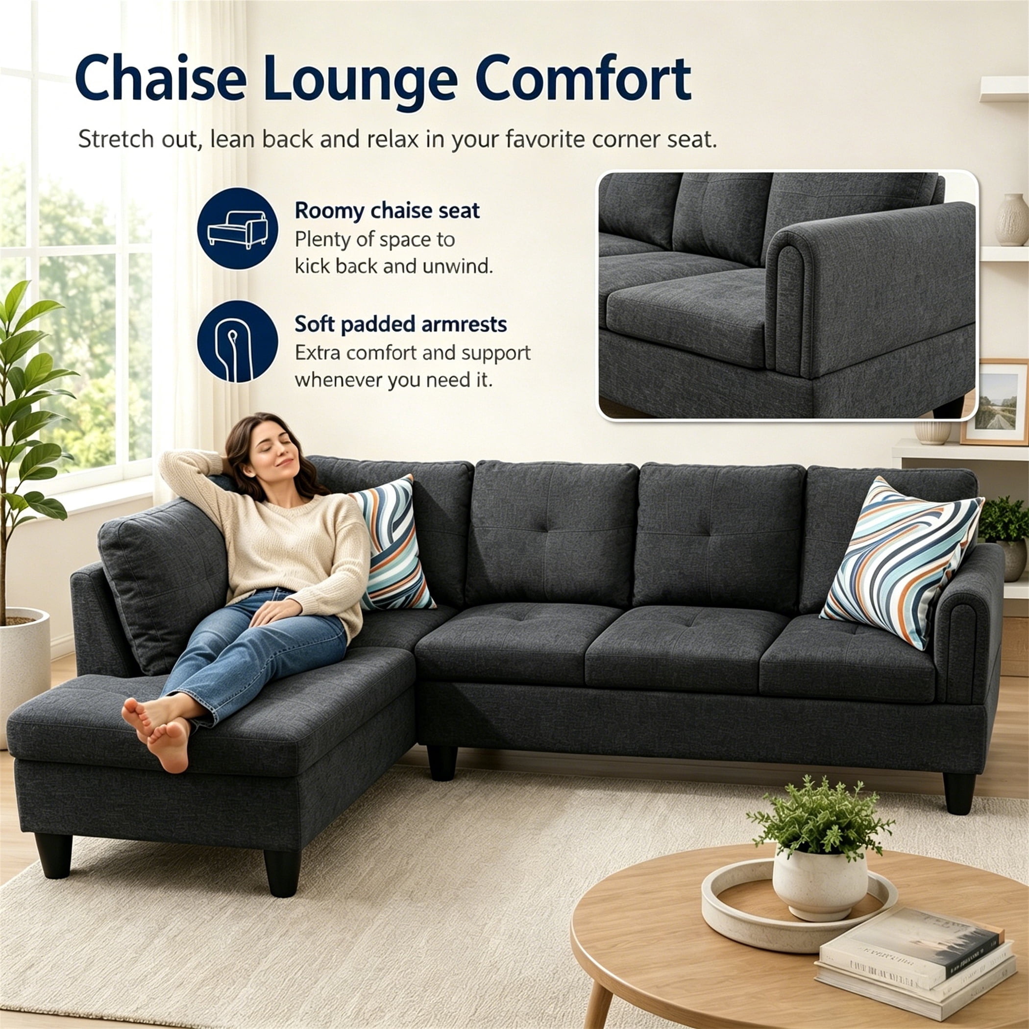 Aukfa 97" Classic Sectional Sofa 4 Seat L shape Couch with Oversized Left Chaise for Living Room, 2Pillows, Linen, Black Gray