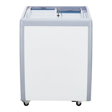 KFFKFF Ice Cream Showcase, 5.6 Cu.ft Freezer with Glass Lid, Portable Gelato Cabinet with 4 Tubs, Dual Sliding Doors & Wheels, Lock Feature, for Shops, White