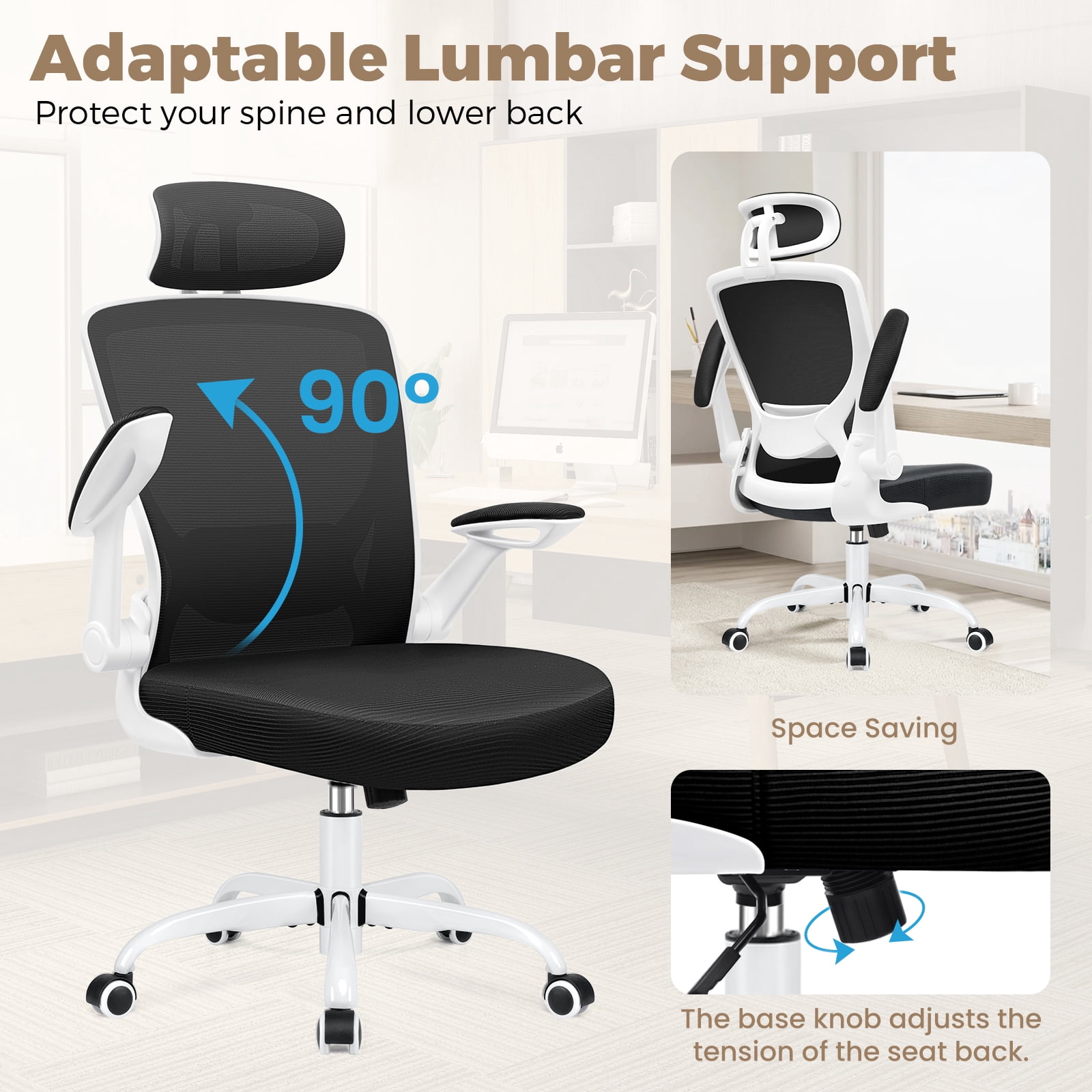 COOLHUT Office Chair Ergonomic Desk Chair, High Back Office Chair with Headrest, Big and Tall Comfy Home Office Desk Chair Lumbar Support Breathable Mesh Office Chair, White