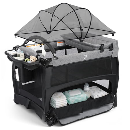 AILEEKISS 3-in-1 Baby Playard with Changing Table & Toy Bar, Portable Pack and Play for Newborn, Grey