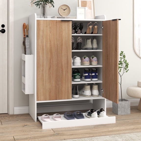 JOIVI Shoe Cabinet Storage for Entryway, 2-Door 5-Tiers Wood Shoe Rack Organizer w/ Adjustable Shelves, Slide-out Design, for Living room, Front door, Light Wood