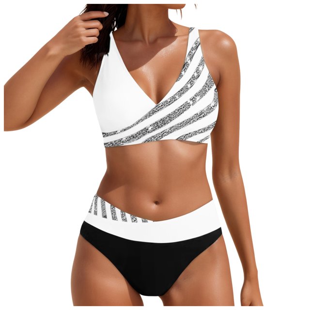 Huesdet Women's Ring Triangle Bikini Sets Two Piece Color Block Thong Swimsuit Cheeky String Bathing Suits(White,M)
