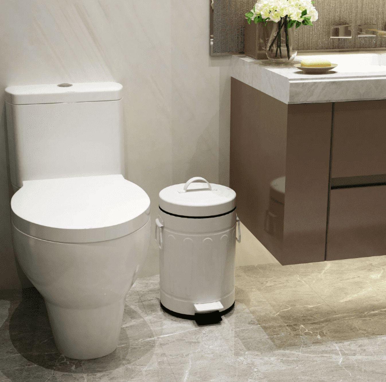 Innovaze 3.2 Gallon and 0.8 Gallon Round Bathroom and Office Carbon Steel Step Trash Can Set,White