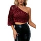 thumbnail image 5 of Camiseta de manga larga con lentejuelas y hombros descubiertos para mujer XBTCLXEBCO Vino Rojo, Chico, 5 of 6