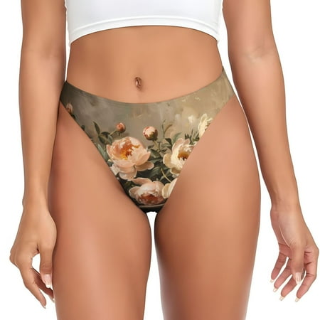 Qokaie Vintage Peonies Rustic Charm Printed Women s Cotton Thong Underwear  Sexy Breathable Panties G-string-X-Small