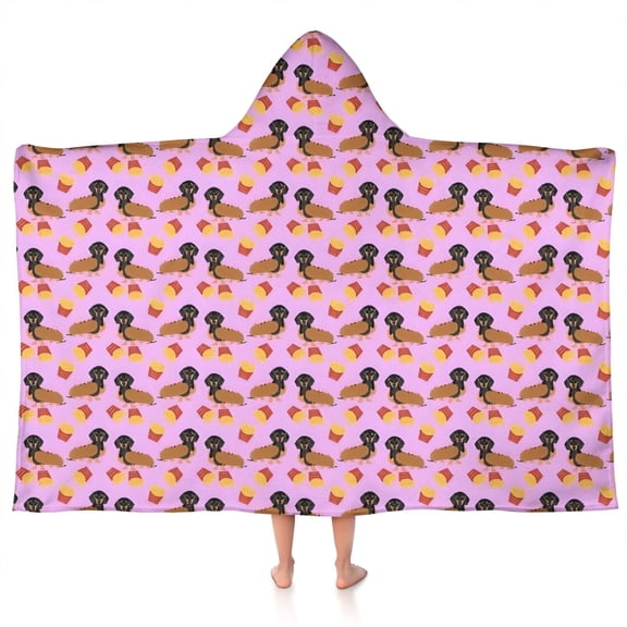 Pink Dachshund Chips Hooded Bath Towel,50"x30" for Ages 3 To 12 Kids, Quick Dry Lightweight Soft Microfiber Hood Beach Towel Cover Up for Kids