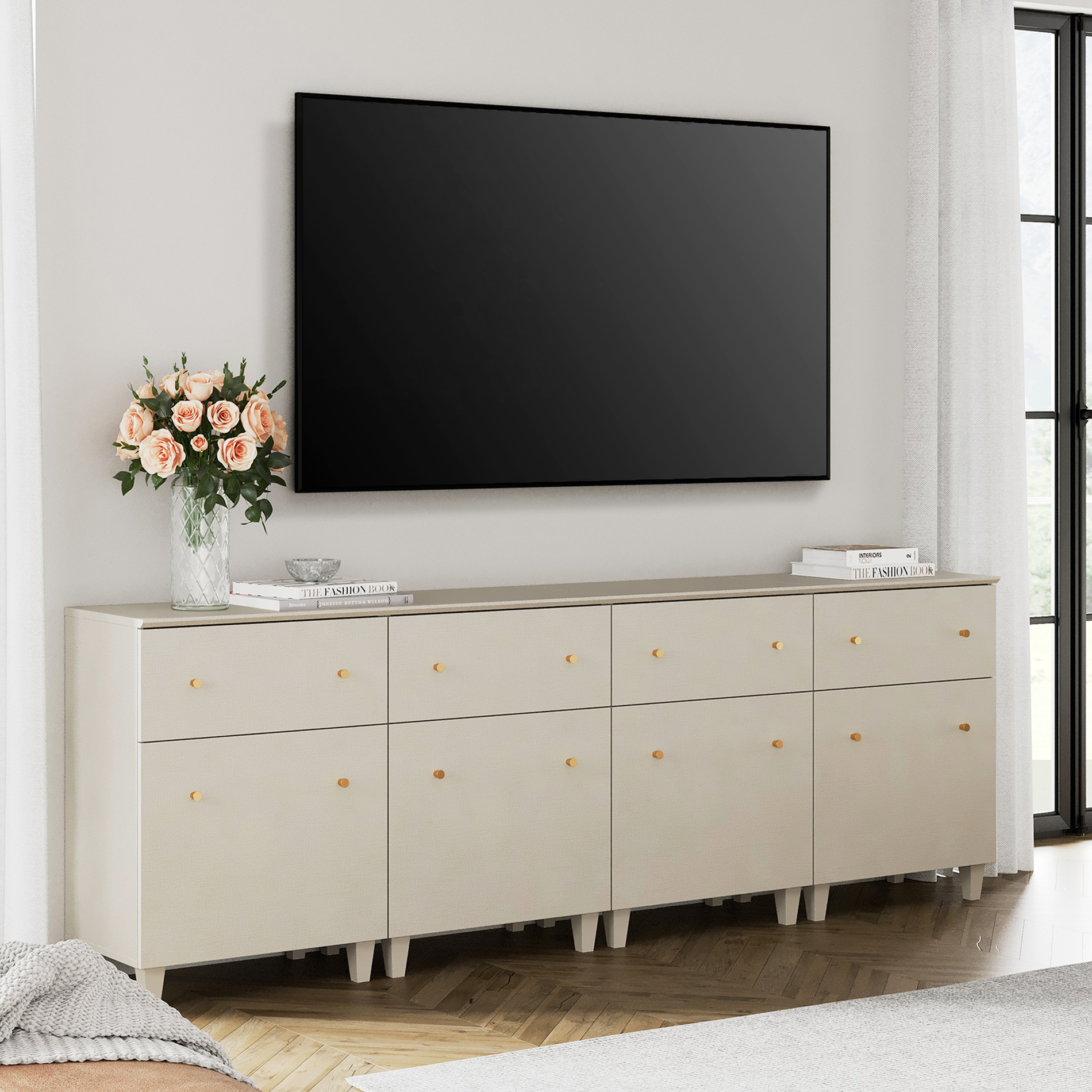 WAMPAT TV Stand Cabinets for 100+ Inch Flat Screen, 4-in-1 Modern Highboy Wooden Entertainment Center with 4 Drawers and Shelves, Dark Beige