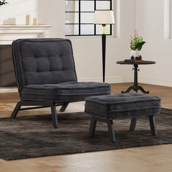 Bonzy Home Modern Adjustable Accent Chair with Ottoman, Comfy Corduroy Fabric Armless Chair with Solid Wood Legs for Living Room Bedroom, Dark Gray