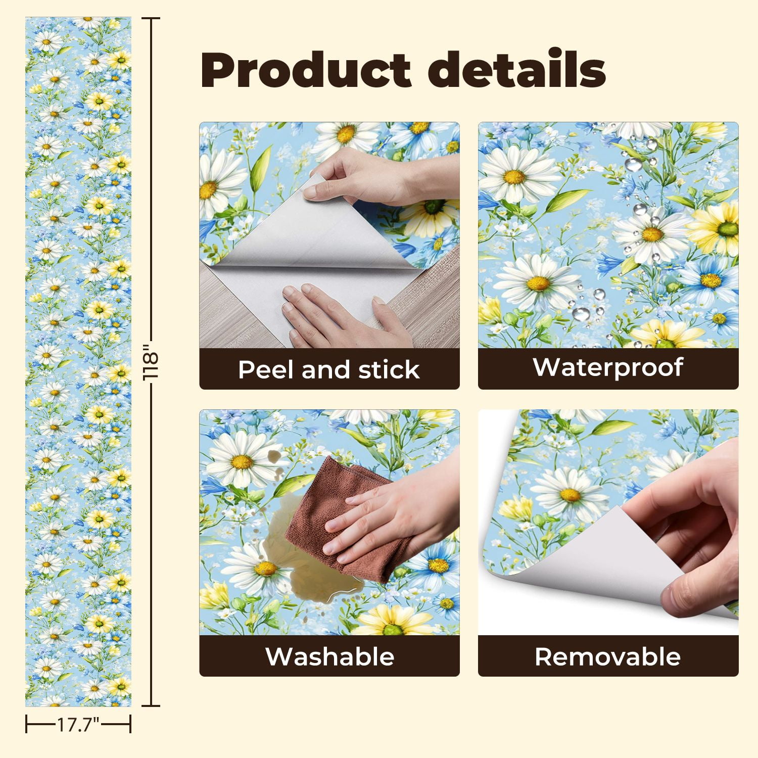 Flower Peel and Stick Wallpaper 17.7in x 9.8ft Delicate Daisy Blue Floral Soft Blue Contact Paper Vinyl Waterproof Self Adhesive Wall Paper for Bedroom Shelf Cabinet Renter Friendly