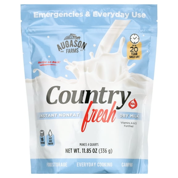Augason Farms Country Fresh Instant Nonfat Dry Milk, Original Flavor, Resealable Pouch, Emergency Food Supply, Everyday Meals, 16 Servings