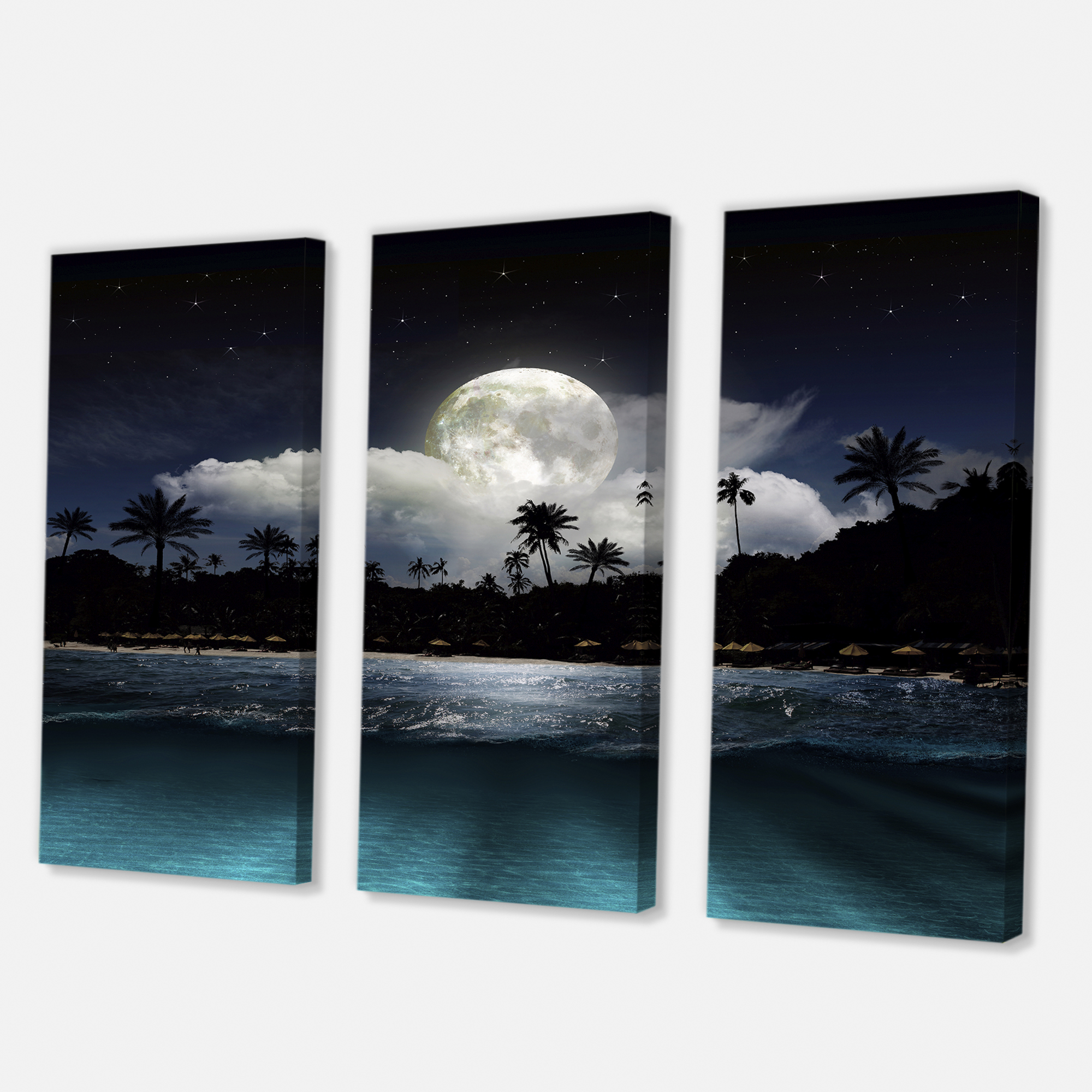 Designart ' Green Beach Under Tropical Full Moon ' Modern Canvas Wall Art Print
