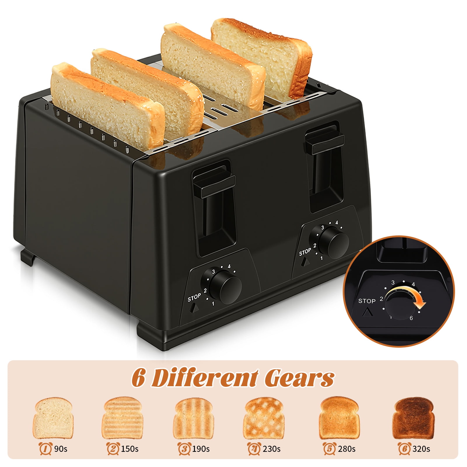 4 Slice Toaster - Stainless Steel Bagel Toaster with Dual Control Panels, 6 Shade Settings,Black