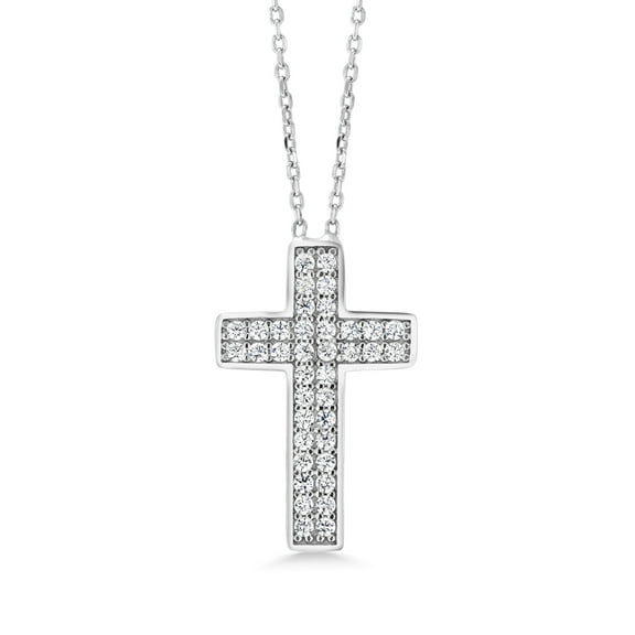 Gem Stone King 925 Sterling Silver White Cubic Zirconia Religous Cross Pendant with 15 inch Chain   2 inch Extender