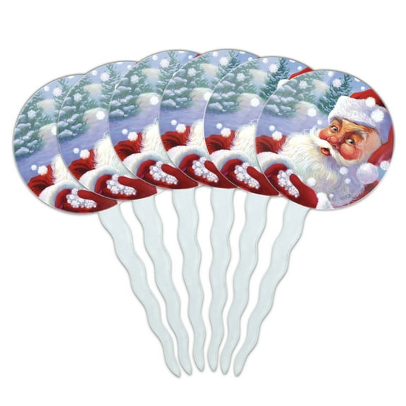 Christmas Holiday Santa Catching Snowflakes Cupcake Picks Toppers Decoration Set of 6