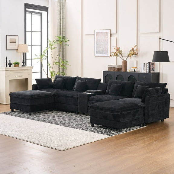 ATMILD Piece Upholstered 4 Seat Compression Sofa, 144.5"x65.4" Chenille Sofa with Storage Coffee Table, for Living Room Apartment Office (Black)