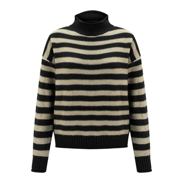 Suéteres Prolriy para mujer, suéter de cuello alto medio con contraste de rayas retro para mujer, suéter holgado informal de fondo, suéteres para mujer, tops para mujer negros