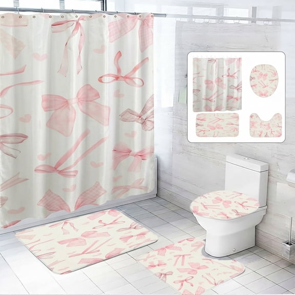 Dznils Pink Bow Shower Curtain and Rug Sets, 16pc Modern Fabric Bathroom Curtain Sets, 72" x 72"
