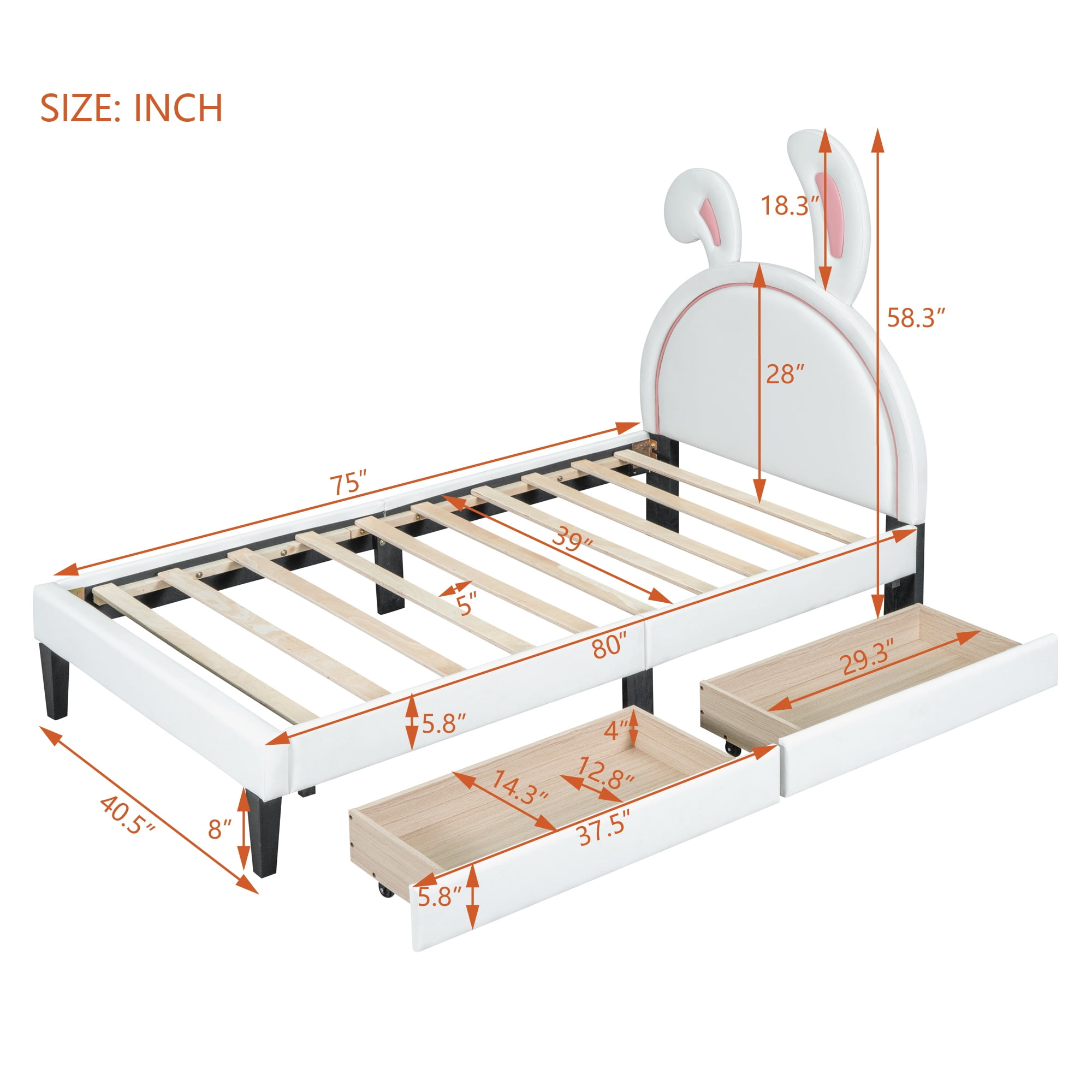 Leumius Twin Size Upholstered Platform Bed with 4 Drawers & Rabbit Ornament Headboard,PU Leather Bed Frame for Boys and Girls,White