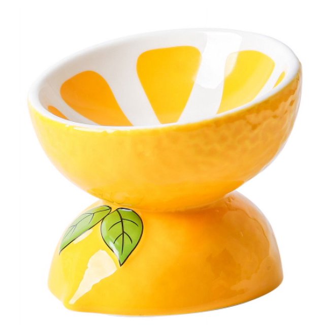 Cuenco de cerámica para gatos, cuenco para comida para gatos para proteger la columna cervical, boca inclinada, suministros para mascotas, cuenco alto (amarillo limón), boca inclinada, 180