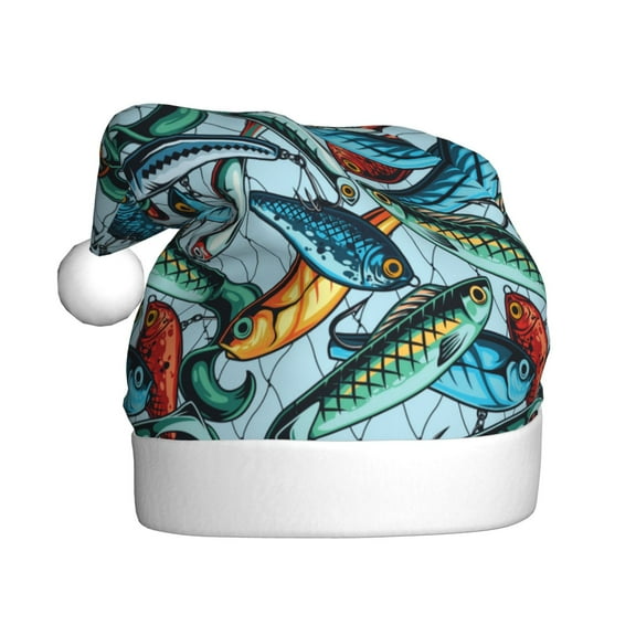 Fuzoiu Colorful Fishing Baits Print Santa Hat Christmas Hat for Adults,Santa Hats with Pompom, Unisex Xmas Holiday Hat for Christmas New Year Festive Party Supplies