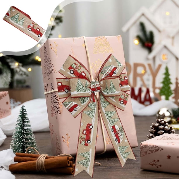 Christmas Printed Ribbon Handmade Christmas Bow Weave Ribbon Snowflake Pinecone Faux Linen Khaki-Colored Edged Satin Ribbon