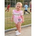 thumbnail image 4 of BemeyourBBs Newborn Baby Girls Summer Clothes Infant Baby Girl Football Outfit Striped Bubble Romper Football Sister Scoccer Letter Embroidery Side Bow Short Sleeve Bodysuit Jumpsuit Playsuit, 4 of 9