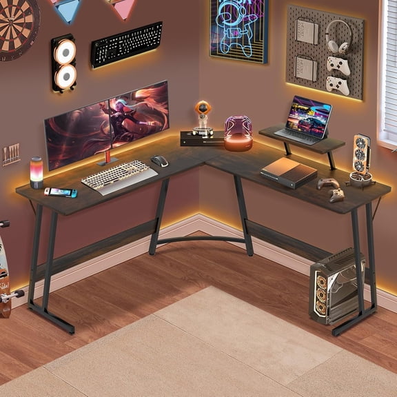 XF XINFENG 50 inch Gaming Desk L Shape Desk Corner Computer Desk with Large Monitor Riser Stand for Home Office Sturdy Writing Work Desk,Brown