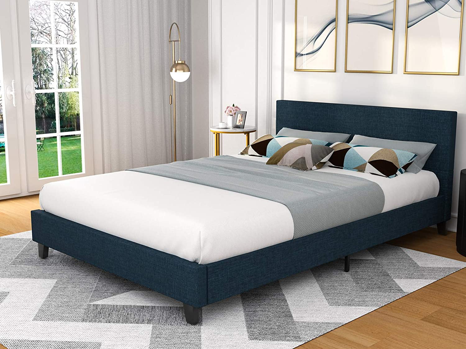 Mecor Upholstered Linen Platform Bed, Wood Bed Frame With Fabric Headboard