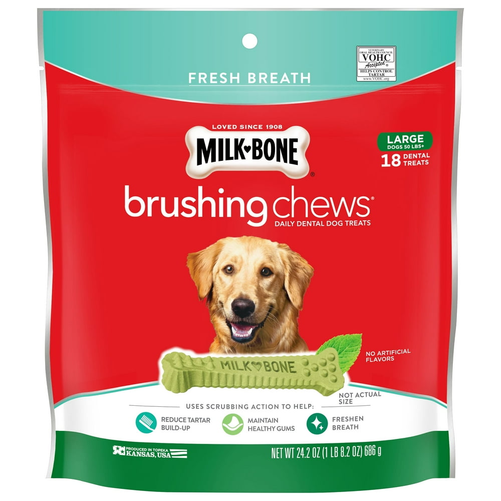 MilkBone Brushing Chews Daily Dental Dog Treats, Fresh Breath, Large, 24.2 Ounces, 18 Bones Per