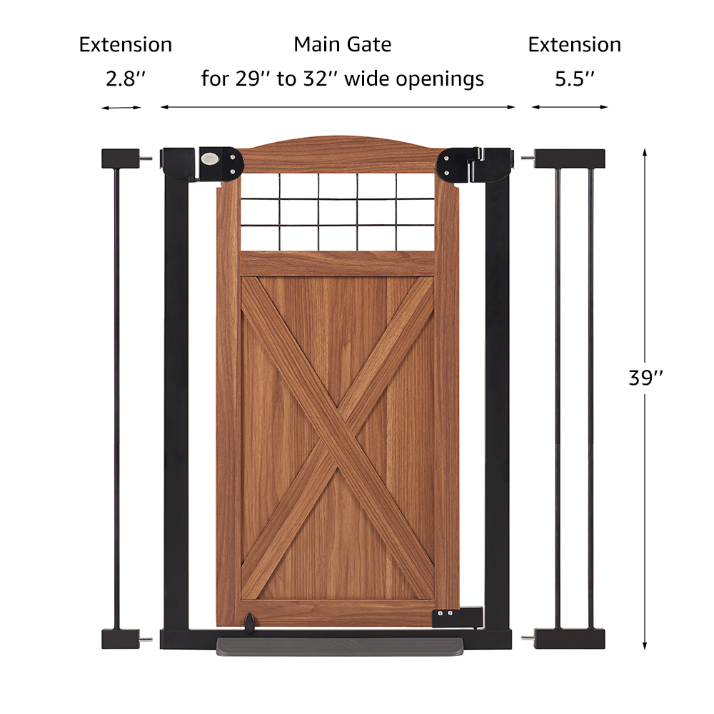 unipaws Barn Door Dog Gate, Anti-Kick Pet Gate with Walk Through Door, Modern Farmhouse Puppy Gate, Walnut