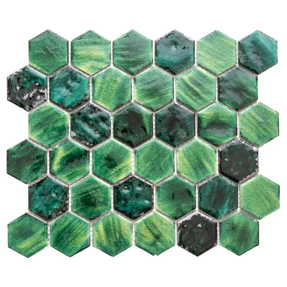 The Tile Life Agate 2 in x 2 in Hexagon Emerald Glossy Porcelain Mosaic Wall Tile 1 Sheet