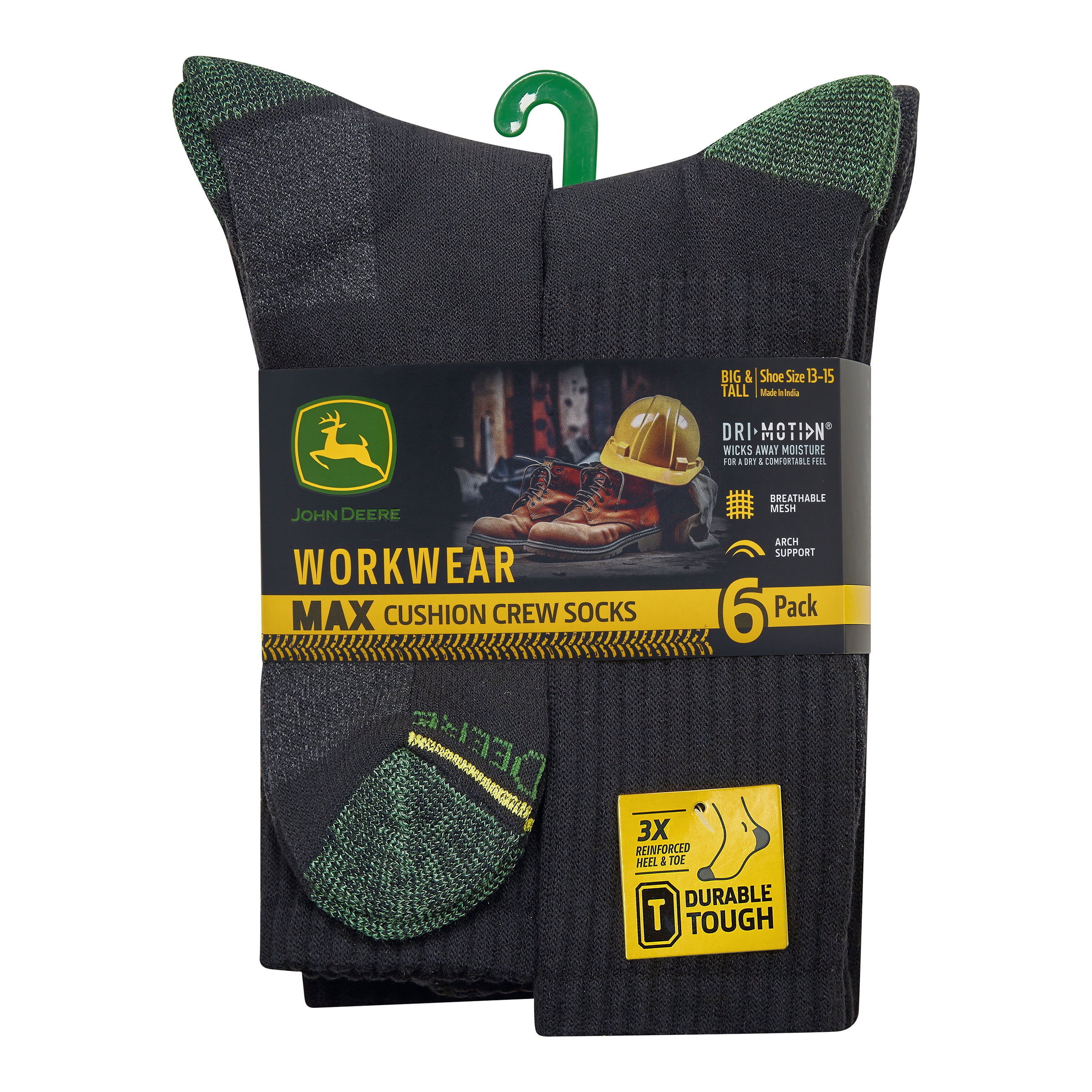 John Deere Men's Socks, Workwear Max Cushion Crew Socks, 6-Pack